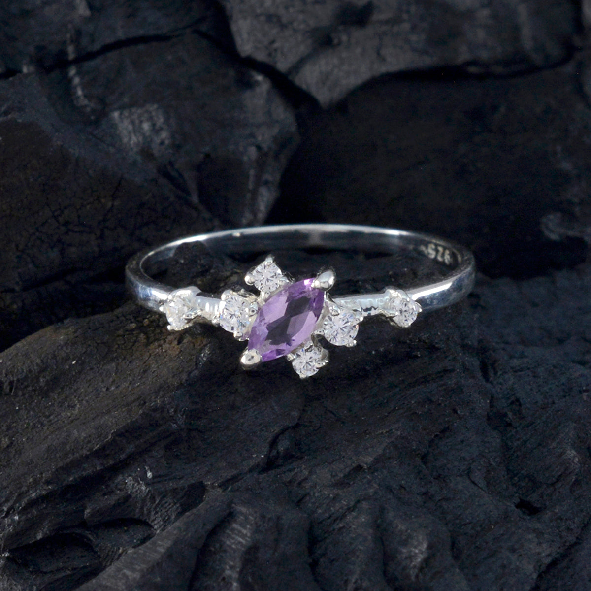 Amethyst Halo Korean 925 Silver Purple Gems Minimalist Modern Ring Jewelry