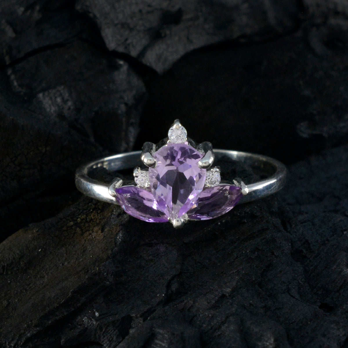 Amethyst Trilogy Turkish 925 Sterling Silver Purple Gemstones Elegant  crown Ring Jewelry