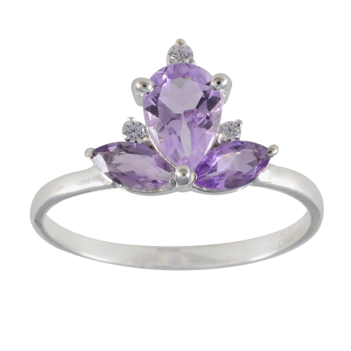 Amethyst Trilogy Turkish 925 Sterling Silver Purple Gemstones Elegant  crown Ring Jewelry メイン画像
