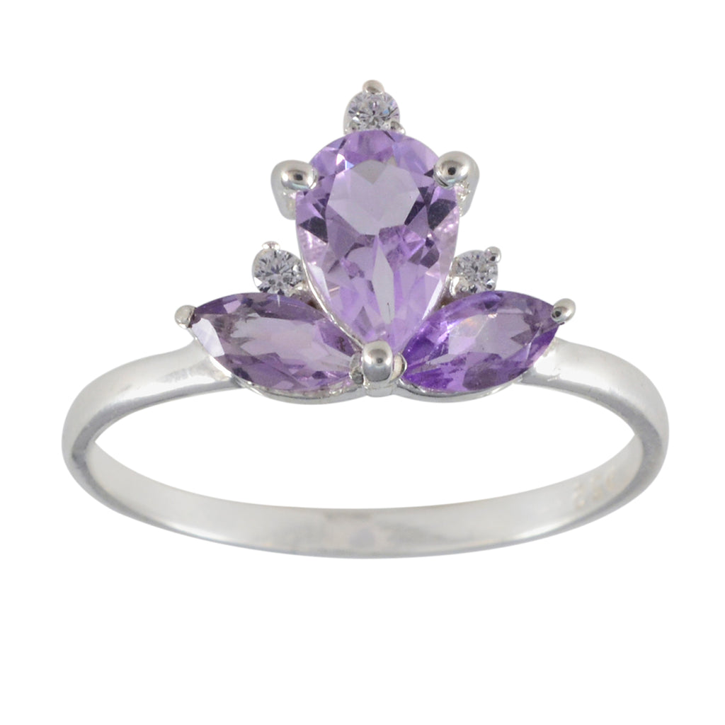 Amethyst Trilogy Turkish 925 Sterling Silver Purple Gemstones Elegant  crown Ring Jewelry