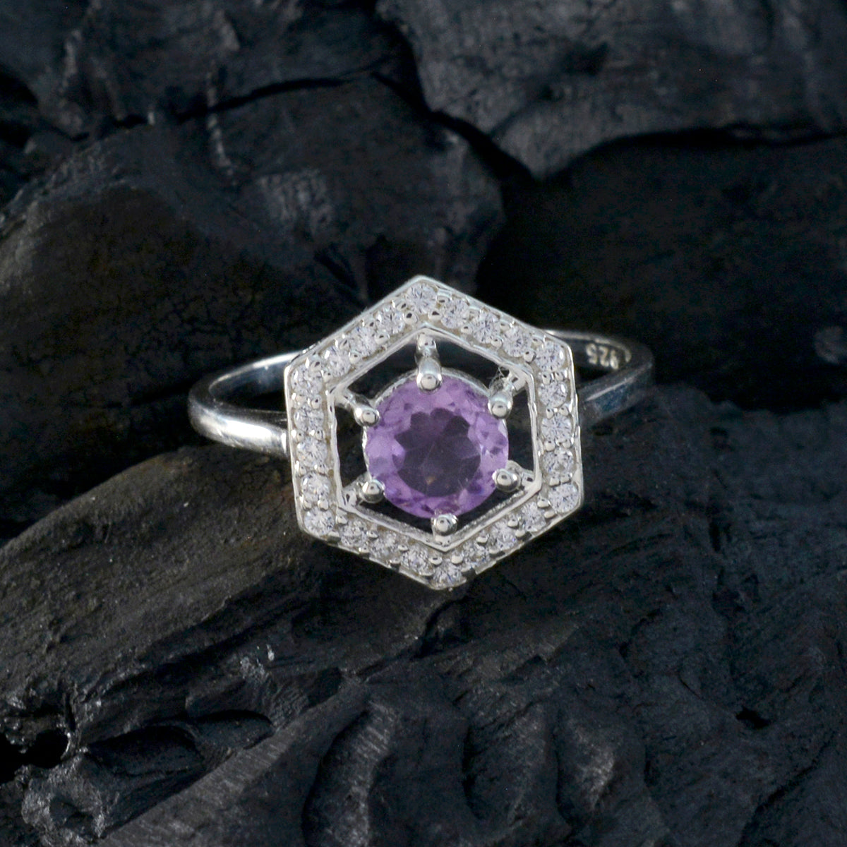 Amethyst Halo American Silver Purple Gemstones Dainty Feminine Ring Jewelry