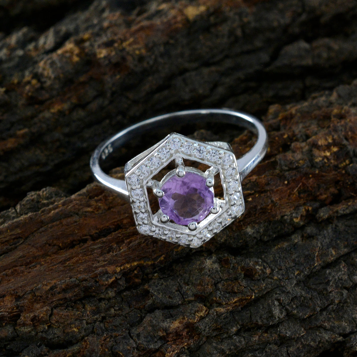 Amethyst Halo American Silver Purple Gemstones Dainty Feminine Ring Jewelry