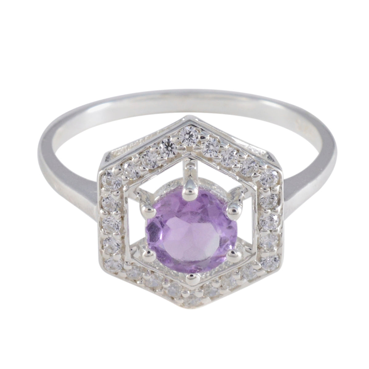 Amethyst Halo American Silver Purple Gemstones Dainty Feminine Ring Jewelry