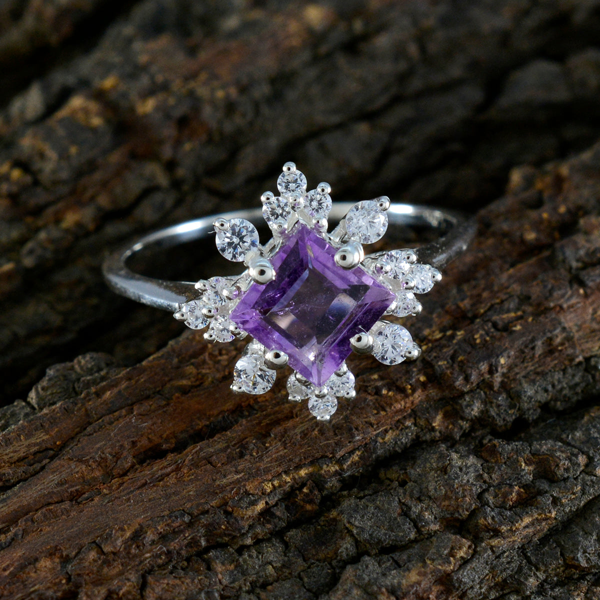 Amethyst Halo Japanisches Sterling Silber Lila Edelsteine Zarter zeitgenössischer Ringschmuck