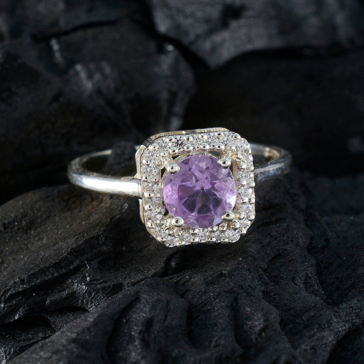 Amethyst Halo American 925 Silver Purple Gemstones Delicate Contemporary Ring Jewellery