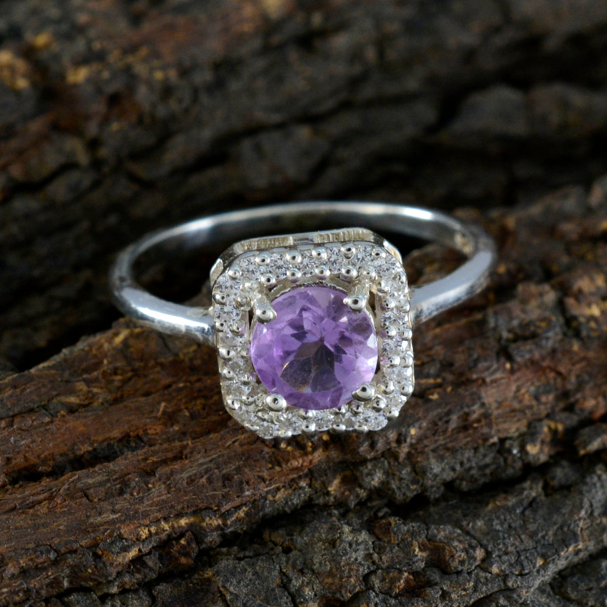 Amethyst Halo American 925 Silver Purple Gemstones Delicate Contemporary Ring Jewellery