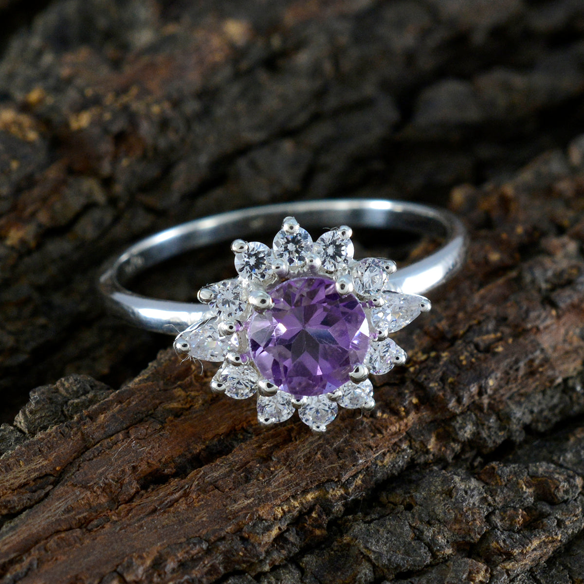 Amethyst Halo Japanese 925 Sterling Silver Purple Gemstone Delicate Trendy Ring Jewellery