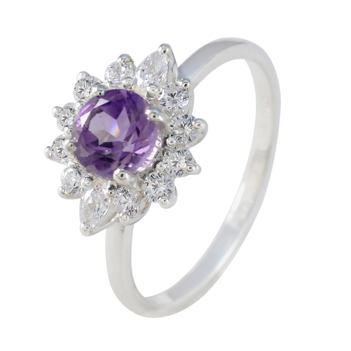 Amethyst Halo Japanese 925 Sterling Silver Purple Gemstone Delicate Trendy Ring Jewellery