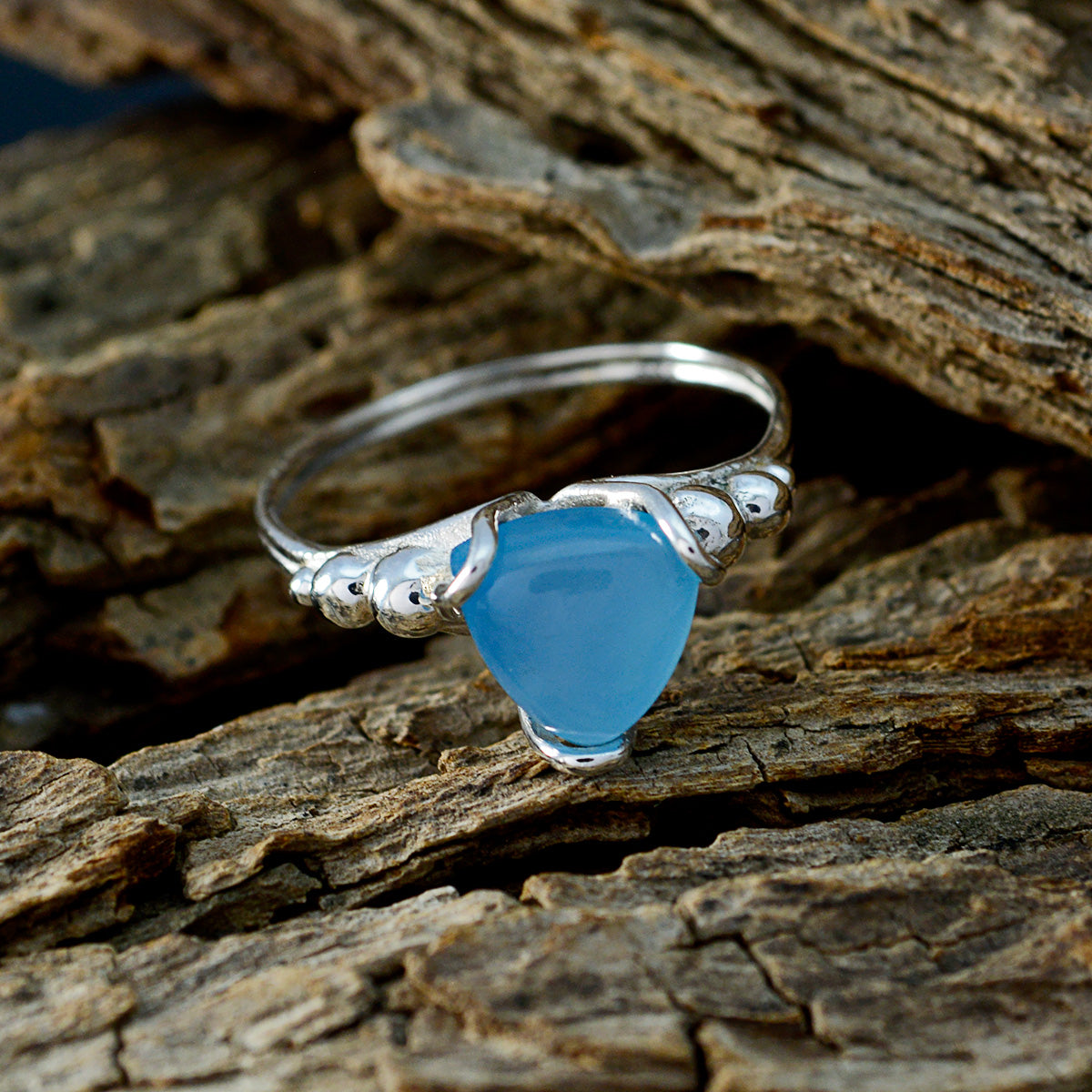 Blue Chalcedony Solitaire Mexican Sterling Silver Blue Gems Delicate Rope Wire Ring Jewellery