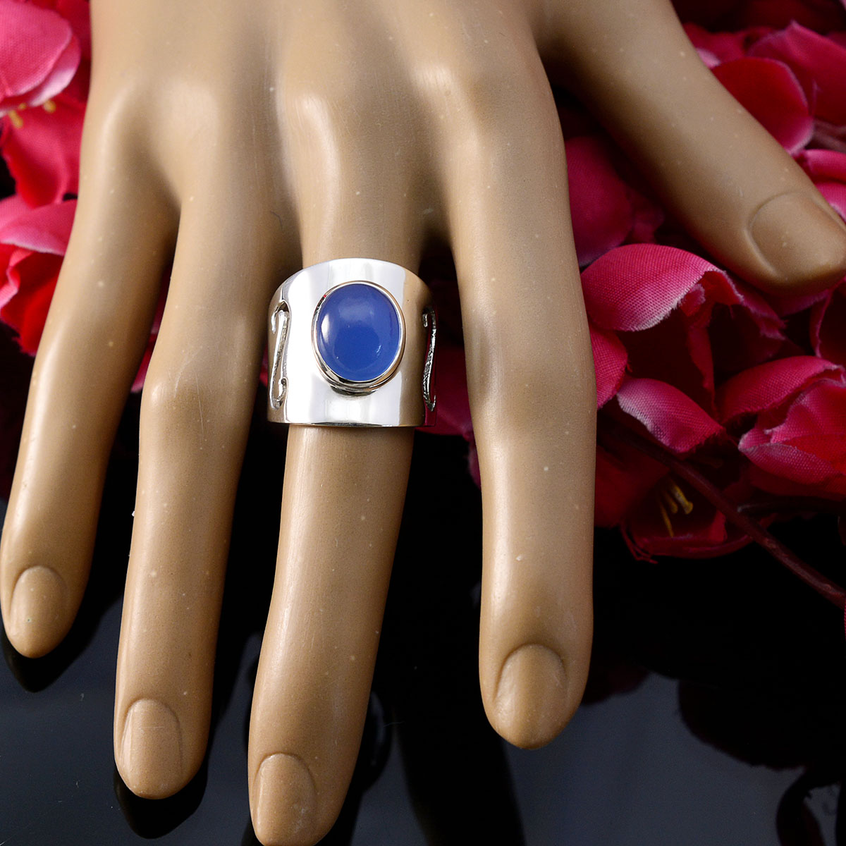 Blue Chalcedony Solitaire French 92.5 Silver Blue Gemstone Statement Filigree Ring Jewellery