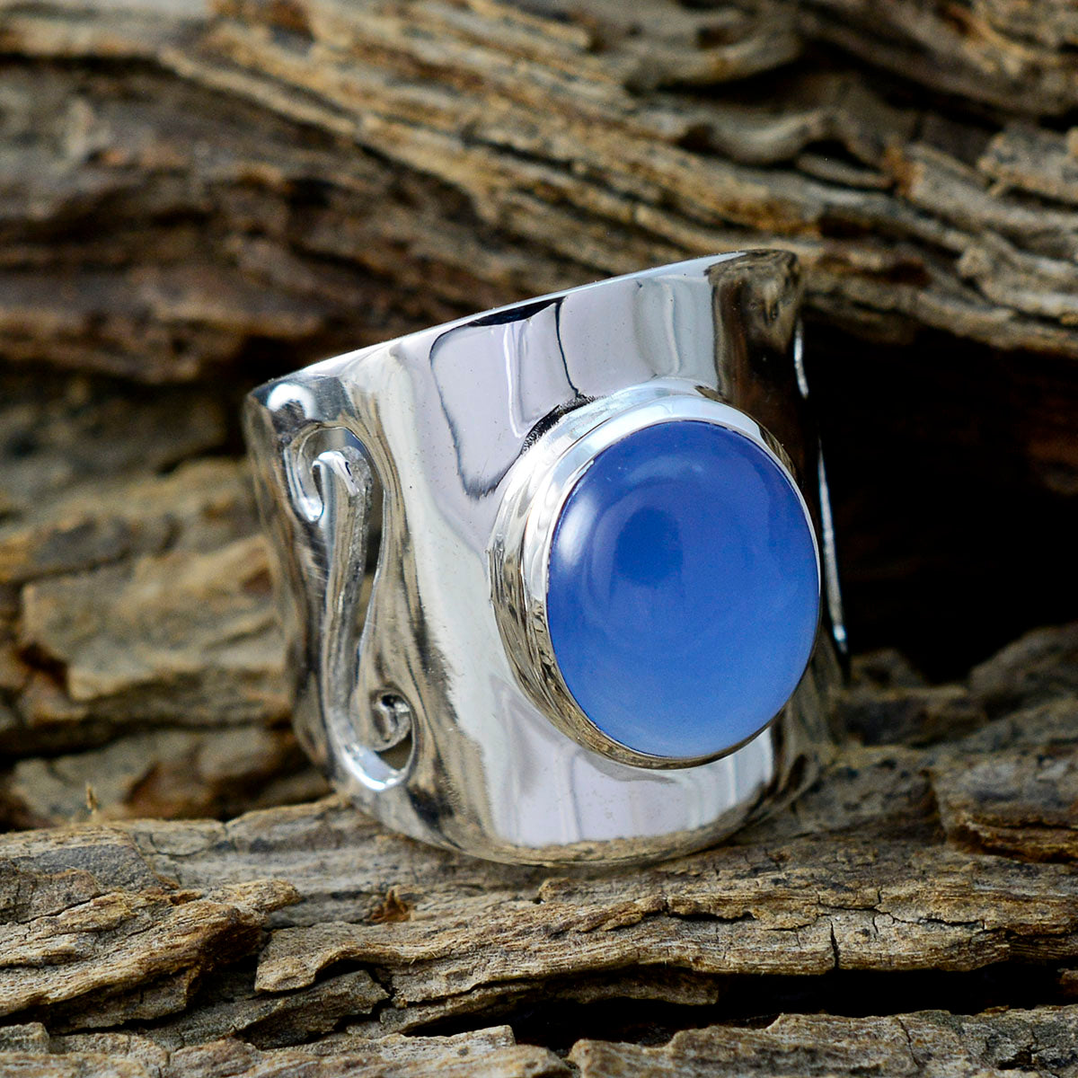 Blue Chalcedony Solitaire French 92.5 Silver Blue Gemstone Statement Filigree Ring Jewellery
