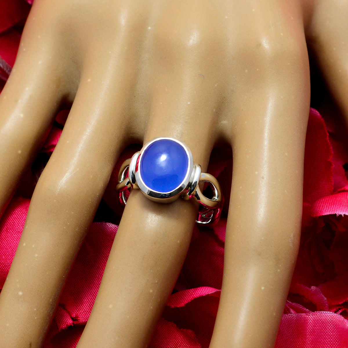 Blue Chalcedony Solitaire French 925 Sterling Silver Blue Gems Mid weight Graceful Ring Jewelry