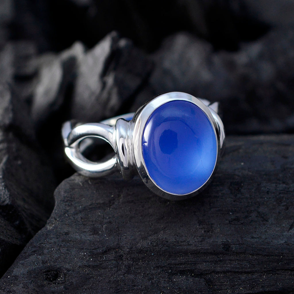 Blue Chalcedony Solitaire French 925 Sterling Silver Blue Gems Mid weight Graceful Ring Jewelry