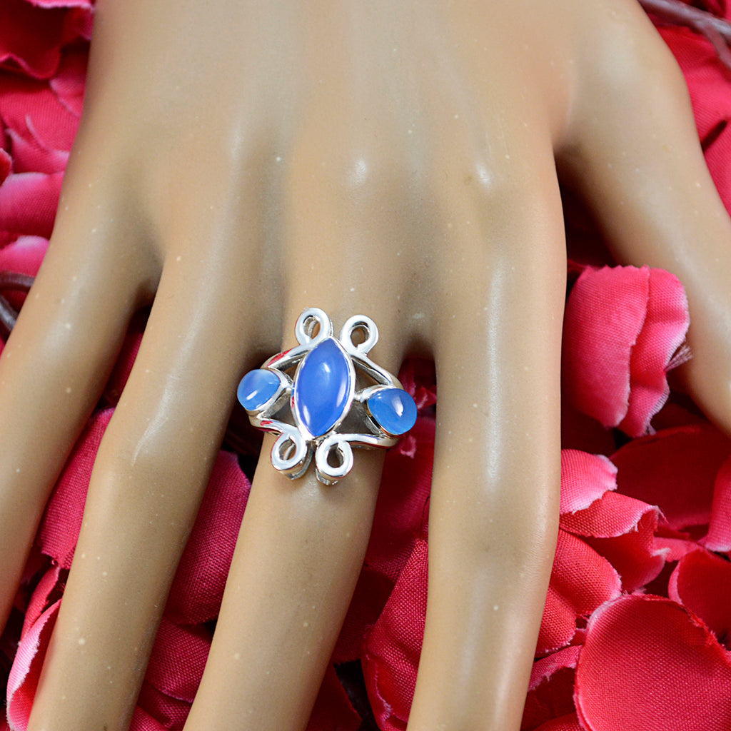 Blue Chalcedony Trilogy Russian Sterling Silver Blue Gems Tiny Feminine Ring Jewelry