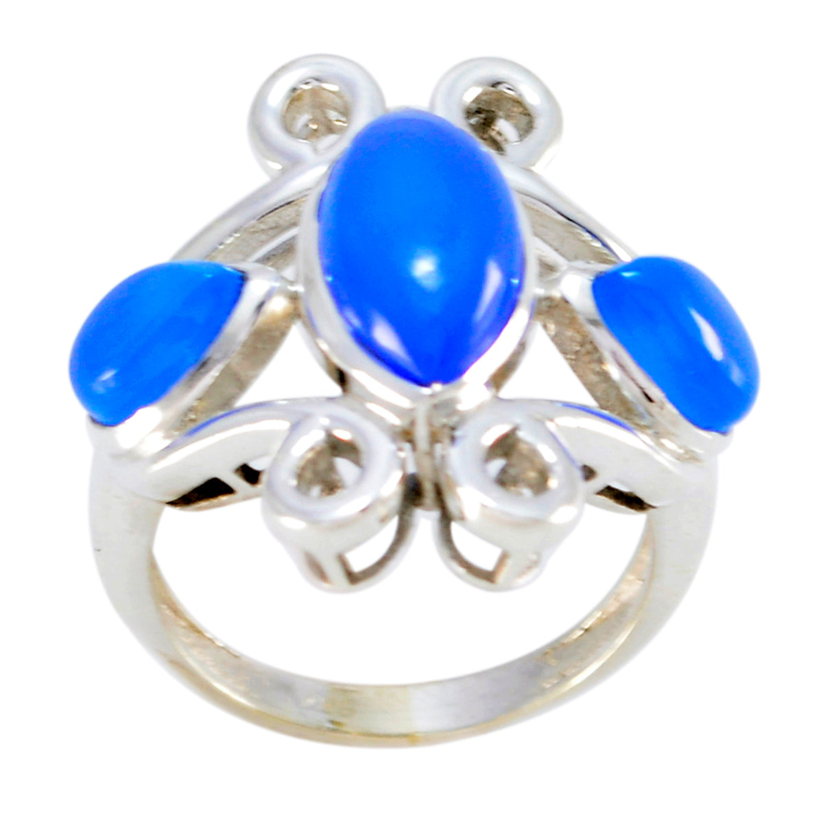 Blue Chalcedony Trilogy Russian Sterling Silver Blue Gems Tiny Feminine Ring Jewelry メイン画像