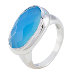 Blue Chalcedony Solitaire Russian 925 Sterling Silver Blue Gemstones Mid weight Luxurious Ring Jewelry
