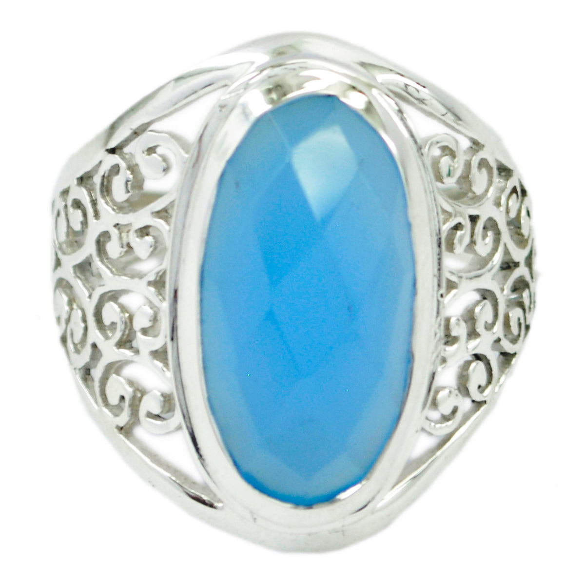 Blauer Chalcedon Solitär Lateinamerikanisches Sterlingsilber Blaue Edelsteine Mittelschwerer Filigranring Schmuck Hauptbild
