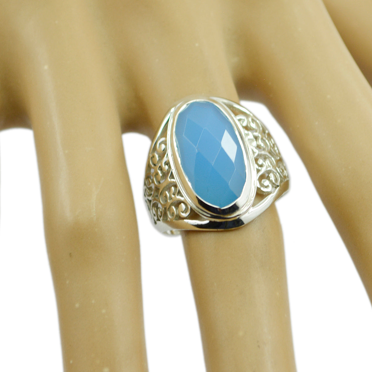 Blauer Chalcedon Solitär Lateinamerikanisches Sterling Silber Blaue Edelsteine Mittelschwerer Filigranring Schmuck Zweitbild