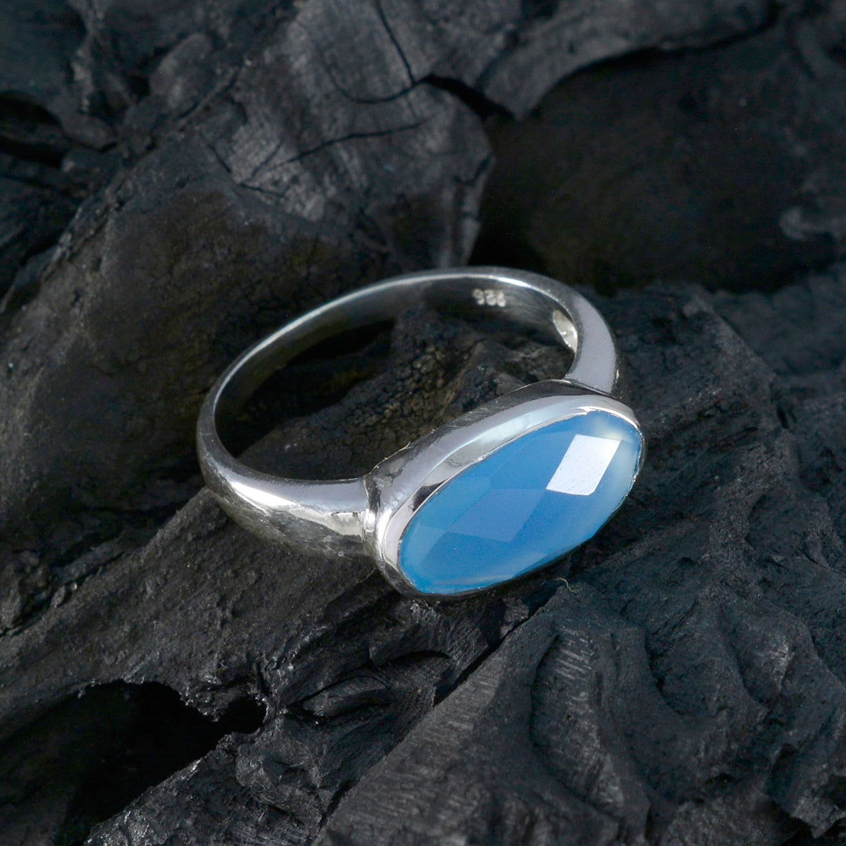 Blue Chalcedony Solitaire Japanese 92.5 Silver Blue Gemstones Whisper thin Abstract Ring Jewelry