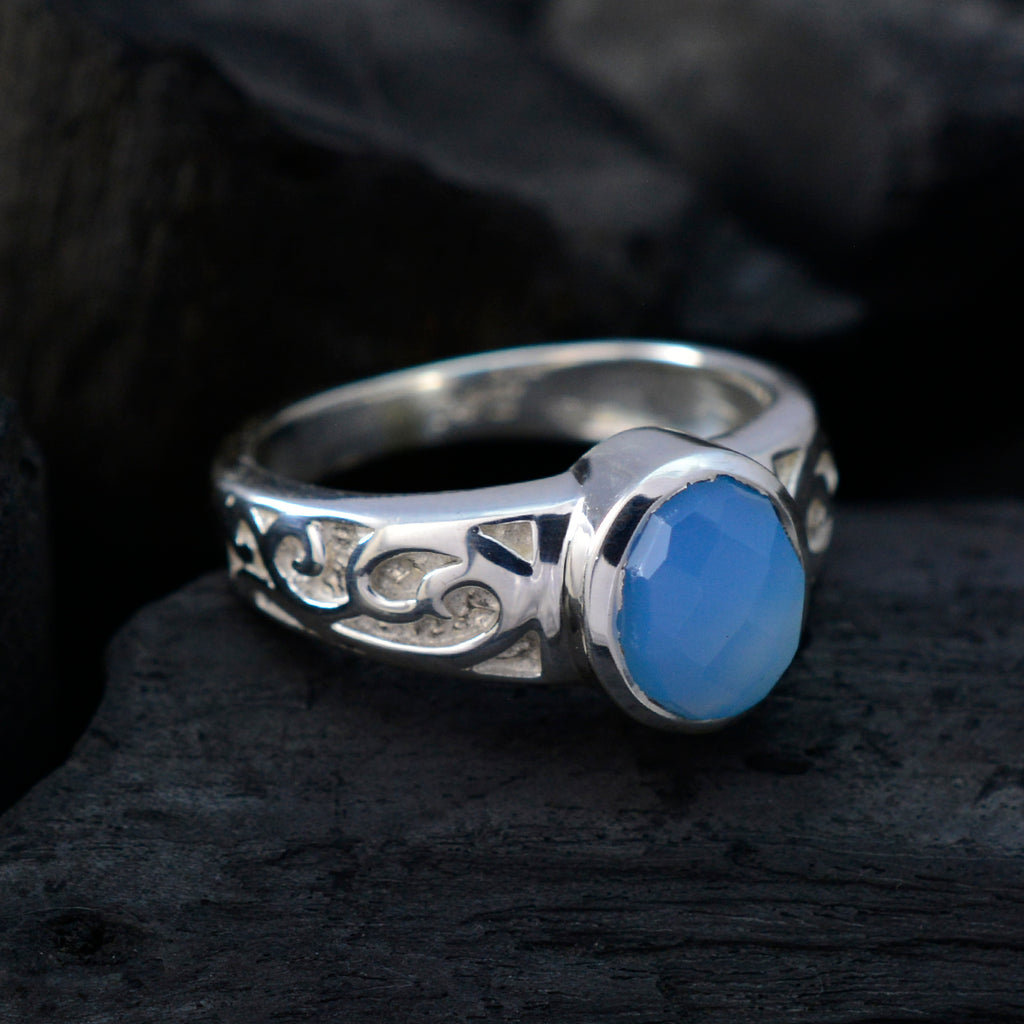 Blue Chalcedony Solitaire Australian 92.5 Silver Blue Gems Slim Rope Wire Ring Jewellery