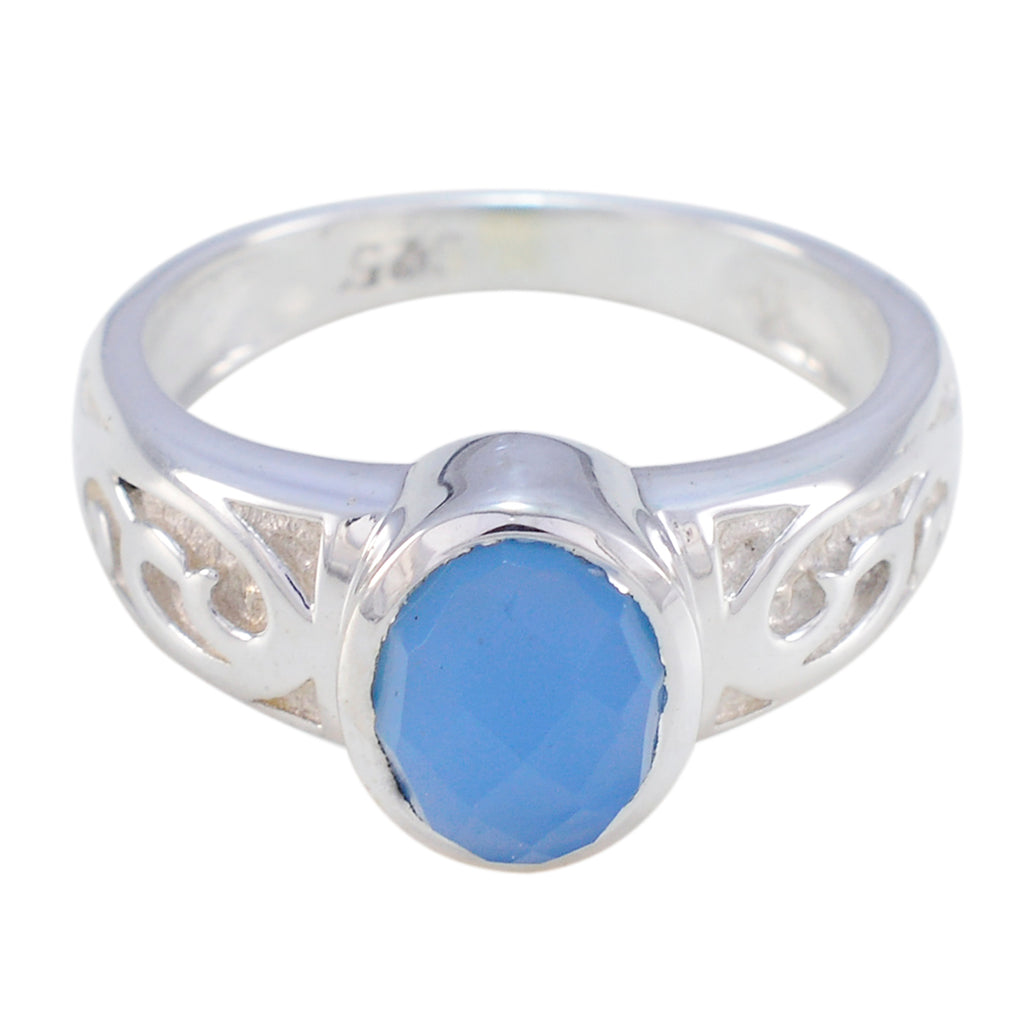 Blue Chalcedony Solitaire Australian 92.5 Silver Blue Gems Slim Rope Wire Ring Jewellery
