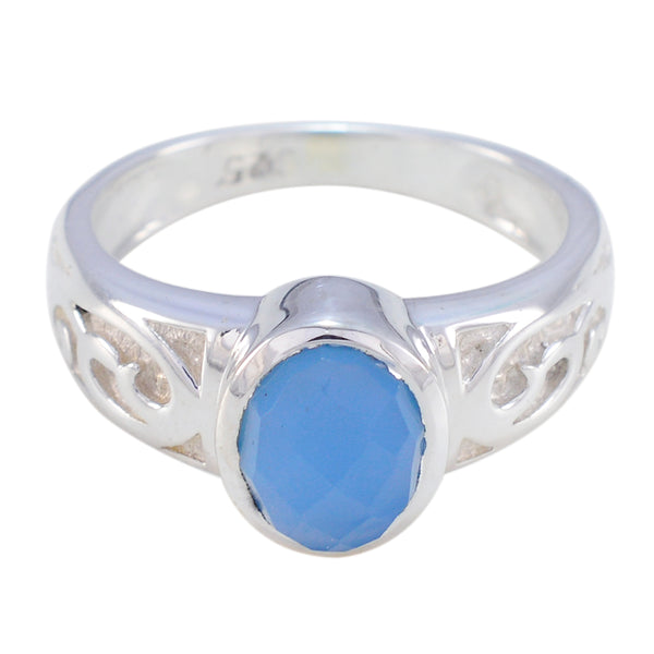 Blue Chalcedony Solitaire Australian 92.5 Silver Blue Gems Slim Rope Wire Ring Jewellery