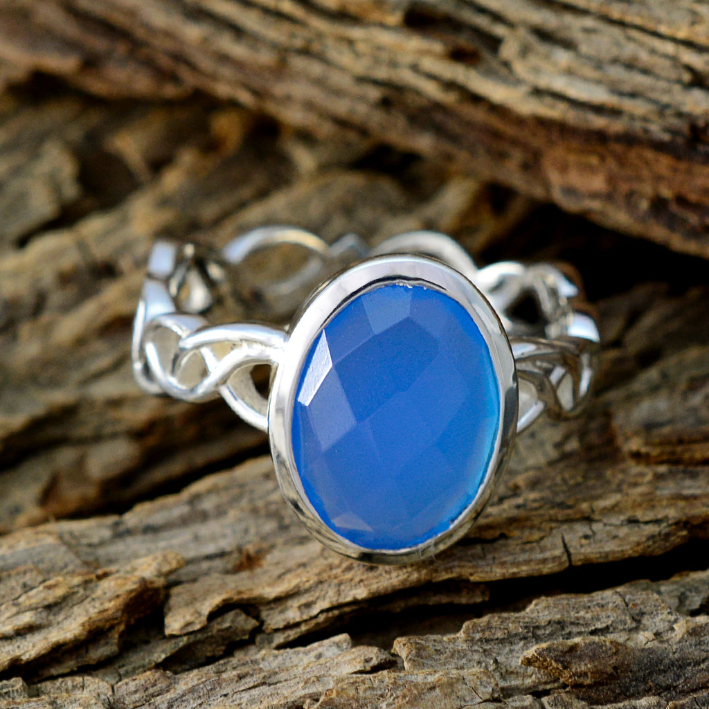 Blue Chalcedony Solitaire Indian 925 Silver Blue Gemstone Minimal Contemporary Ring Jewellery