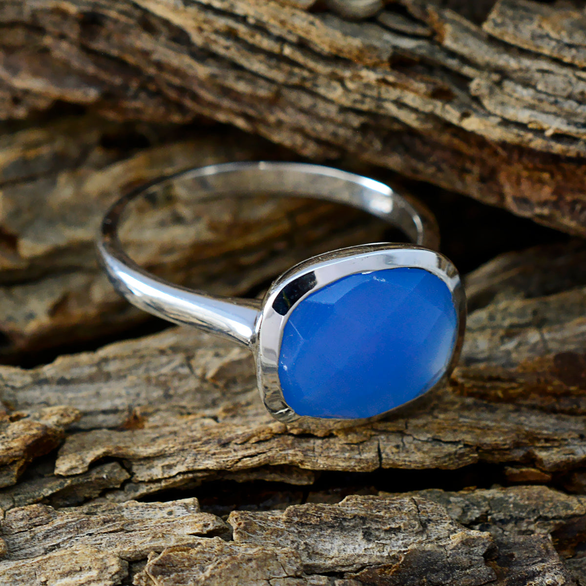 Blue Chalcedony Solitaire Moroccan 925 Silver Blue Gemstone Minimal Boho Ring Jewellery
