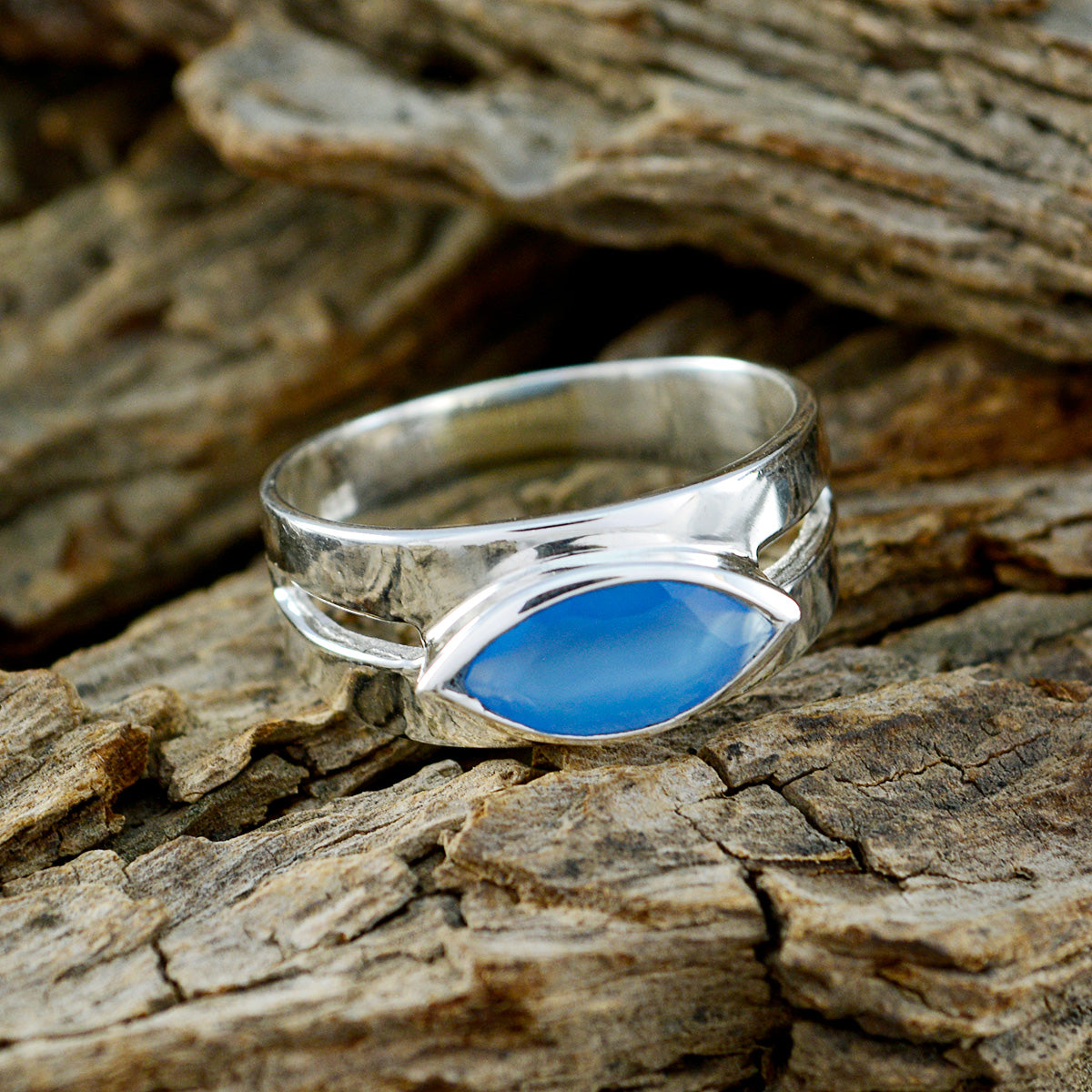 Blue Chalcedony Solitaire German 925 Silver Blue Gems Slim Trendy Ring Jewellery