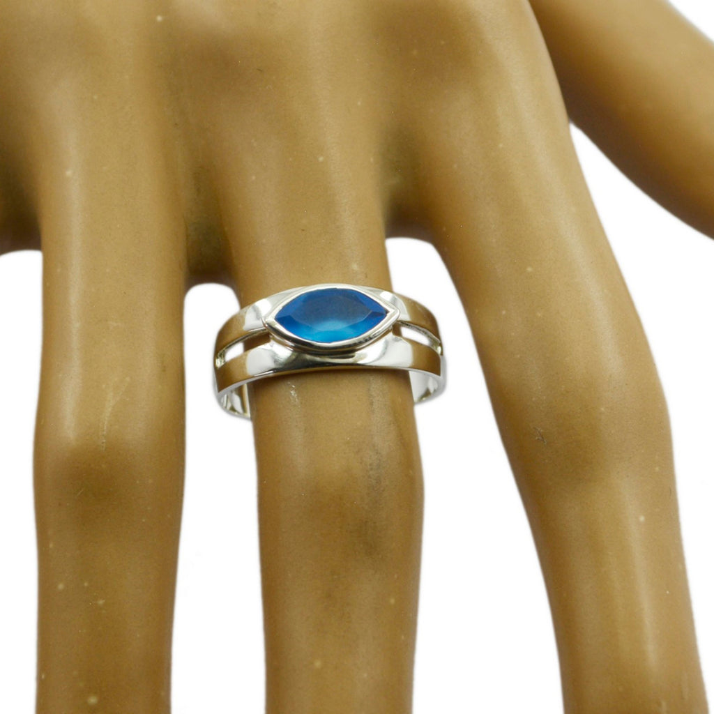 Blue Chalcedony Solitaire German 925 Silver Blue Gems Slim Trendy Ring Jewellery