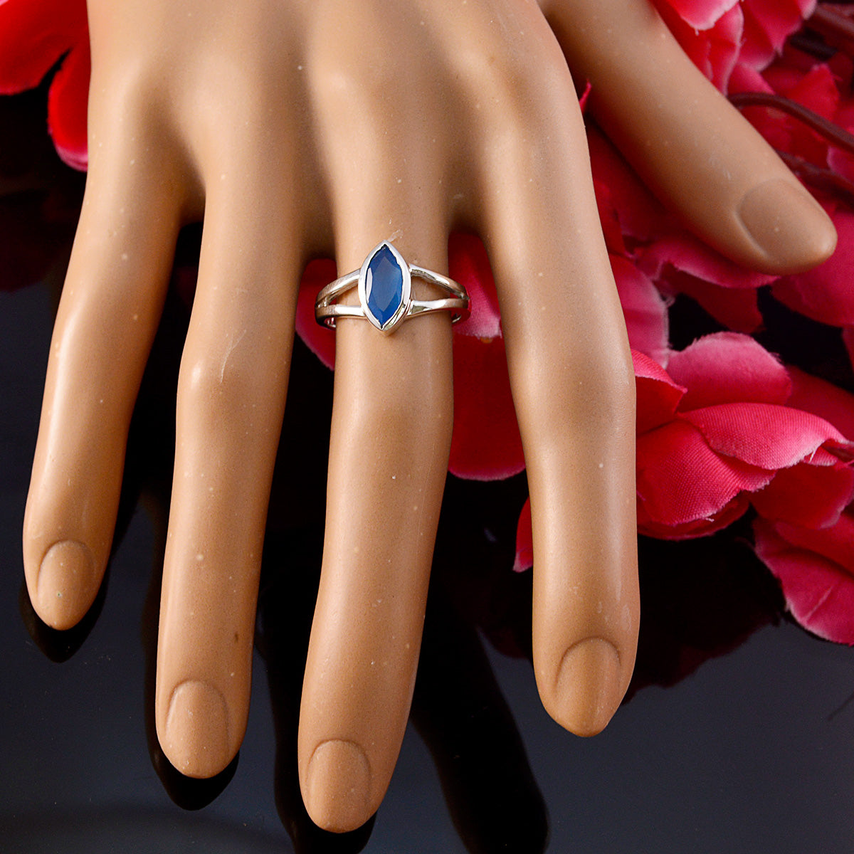 Blue Chalcedony Solitaire Japanese Silver Blue Gems Dainty Geometric Ring Jewelry