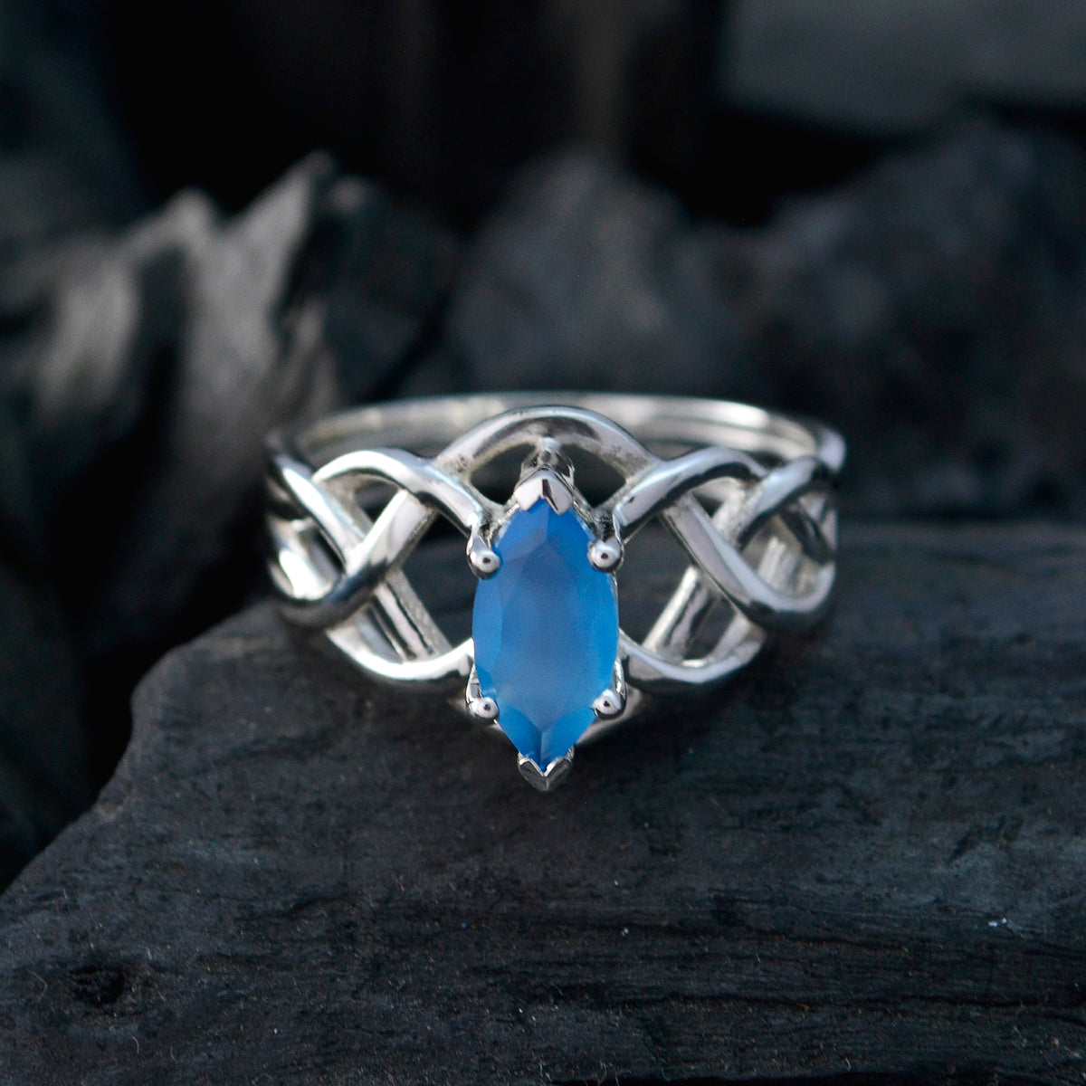 Blue Chalcedony Solitaire Egyptian Sterling Silver Blue Gems Tiny Art Deco Ring Jewelry