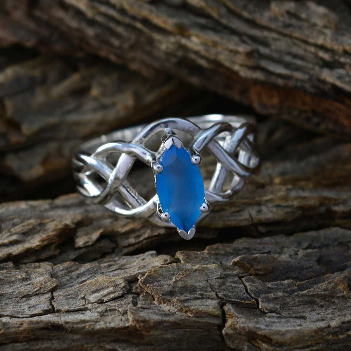 Blue Chalcedony Solitaire Egyptian Sterling Silver Blue Gems Tiny Art Deco Ring Jewelry