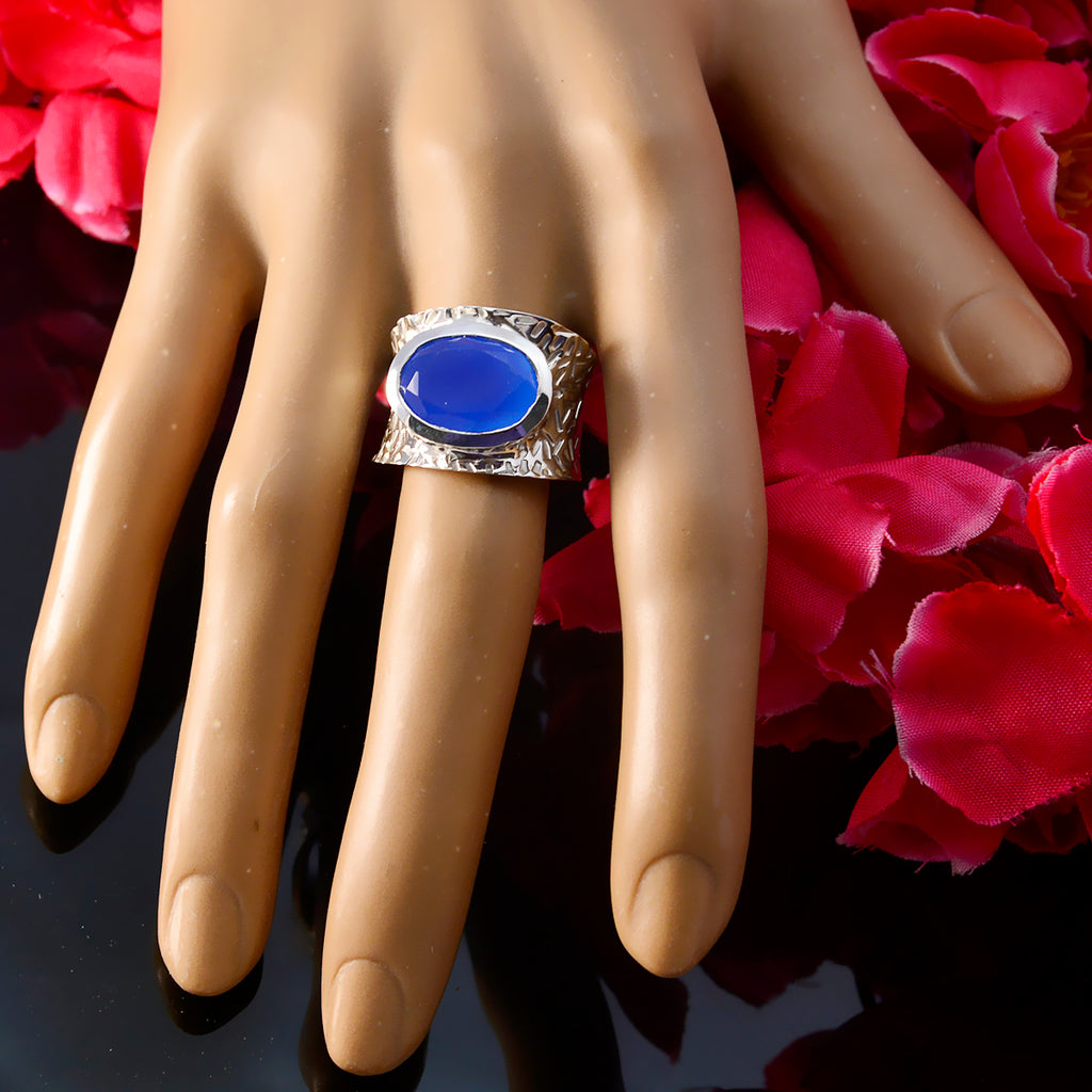 Blue Chalcedony Solitaire Indian 925 Silver Blue Gems Versatile Oversized Band Jewelry
