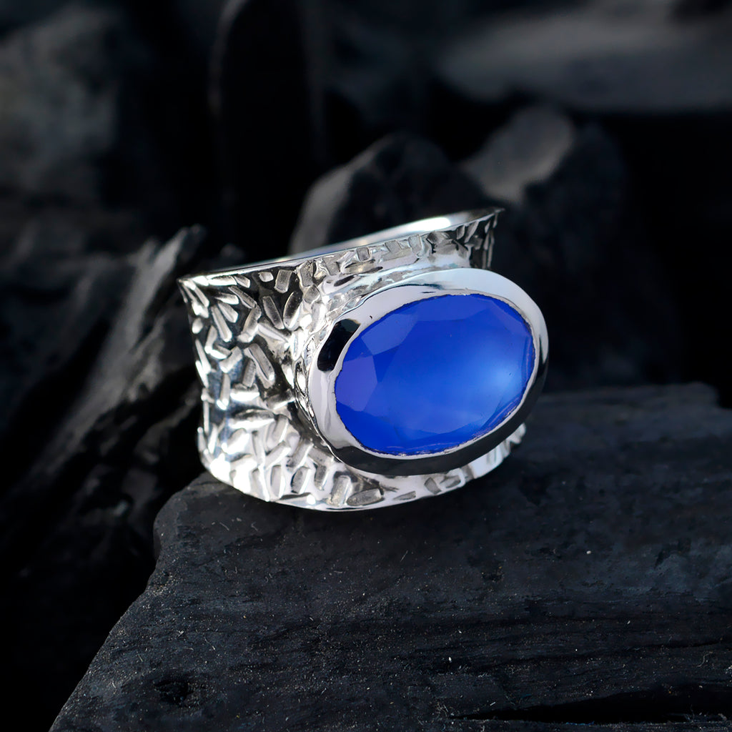 Blue Chalcedony Solitaire Indian 925 Silver Blue Gems Versatile Oversized Band Jewelry