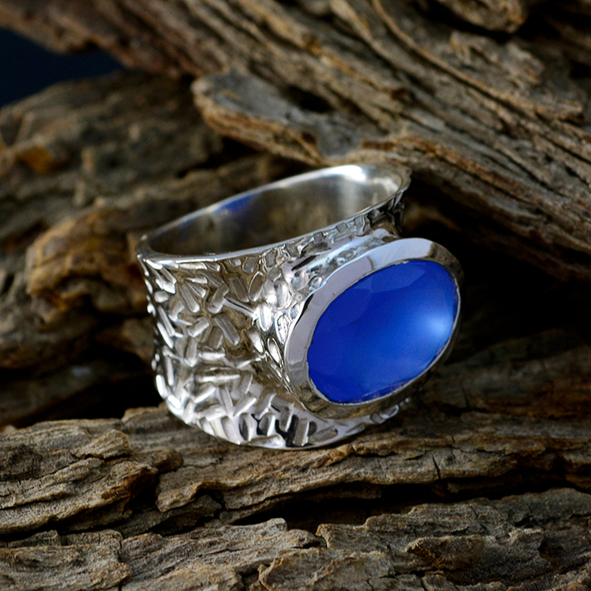Blauer Chalcedon Solitär, indischer 925er Silber, blaue Edelsteine, vielseitiger übergroßer Bandschmuck Zweitbild