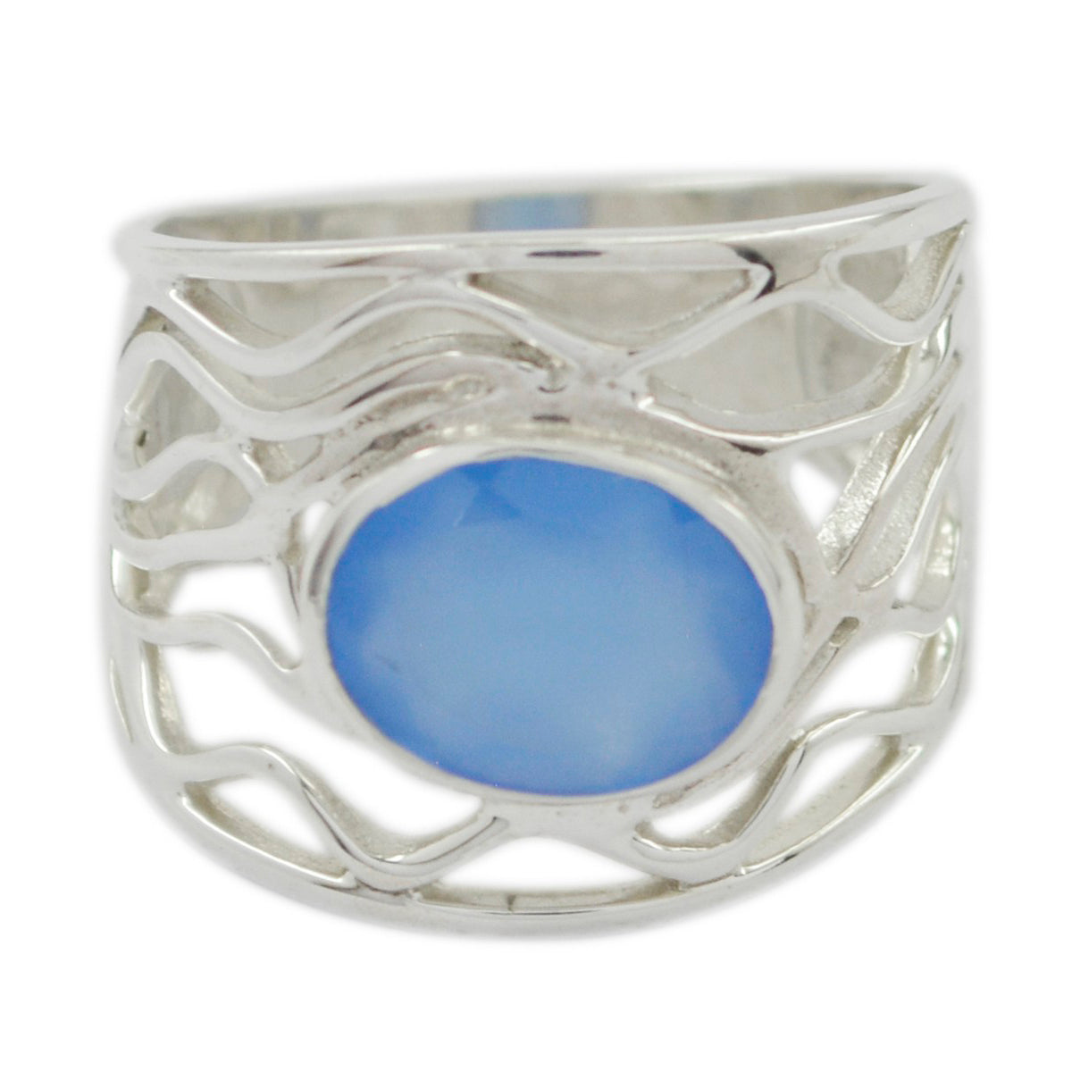 Blue Chalcedony Solitaire Italian 925 Sterling Silver Blue Gemstone Classic  Rope Wire Ring Jewelry