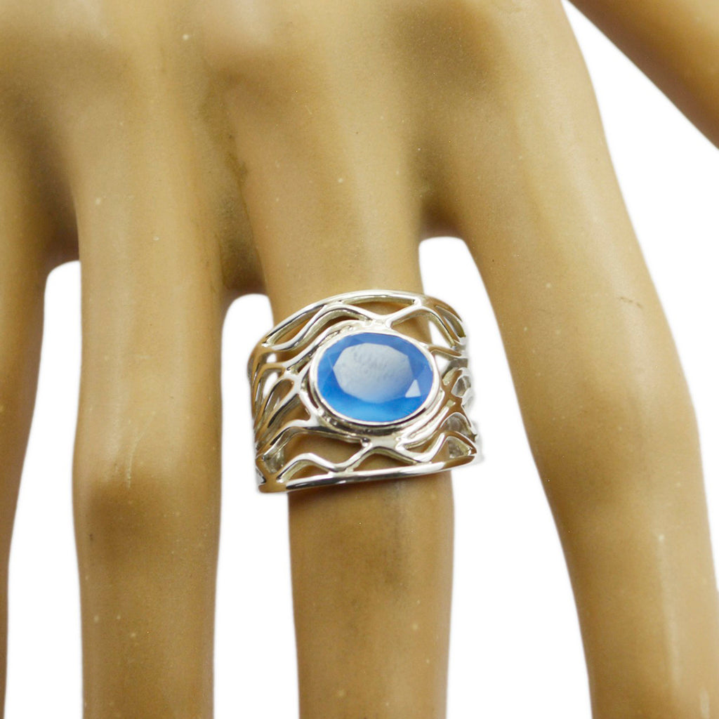 Blue Chalcedony Solitaire Italian 925 Sterling Silver Blue Gemstone Classic  Rope Wire Ring Jewelry