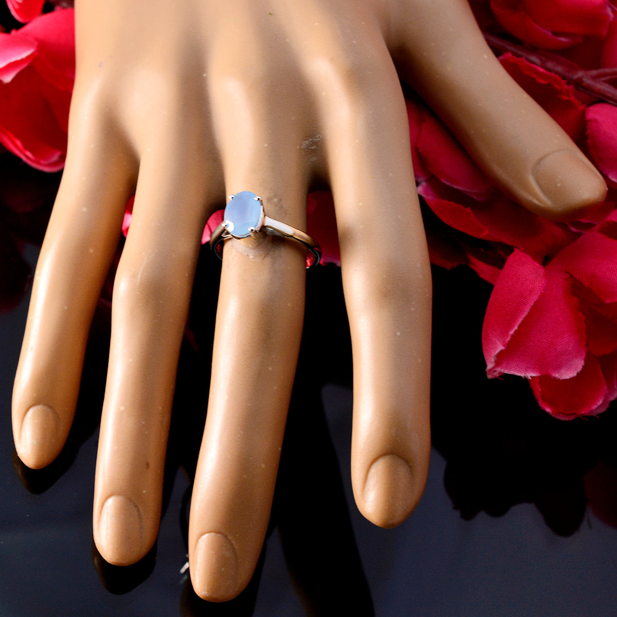 Blue Chalcedony Solitaire Japanese 925 Sterling Silver Blue Gemstone Delicate Feminine Ring Jewelry