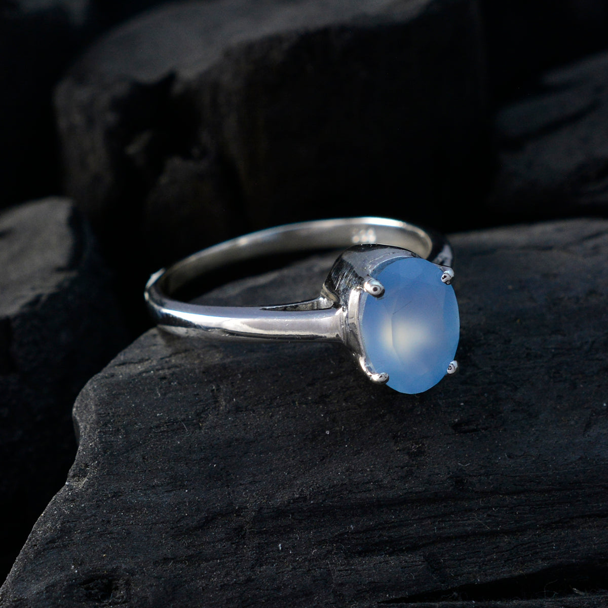 Blue Chalcedony Solitaire Japanese 925 Sterling Silver Blue Gemstone Delicate Feminine Ring Jewelry