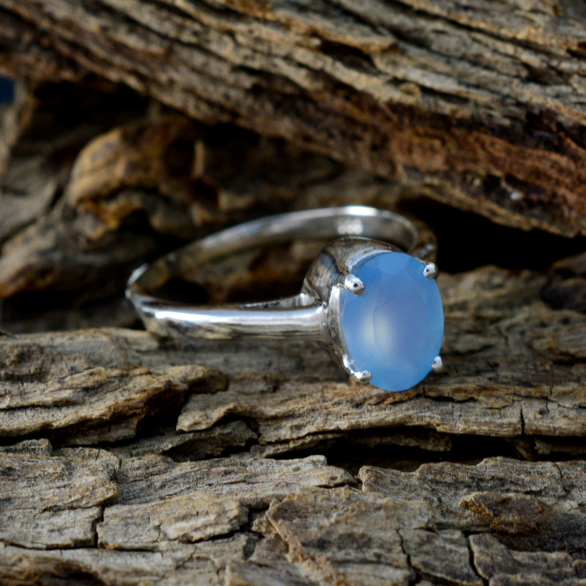 Blue Chalcedony Solitaire Japanese 925 Sterling Silver Blue Gemstone Delicate Feminine Ring Jewelry
