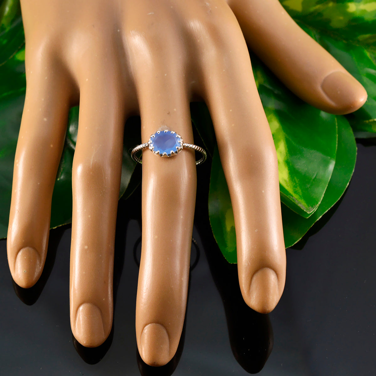 Blue Chalcedony Solitaire Turkish Sterling Silver Blue Gemstone Elegant  Twist Ring Jewellery