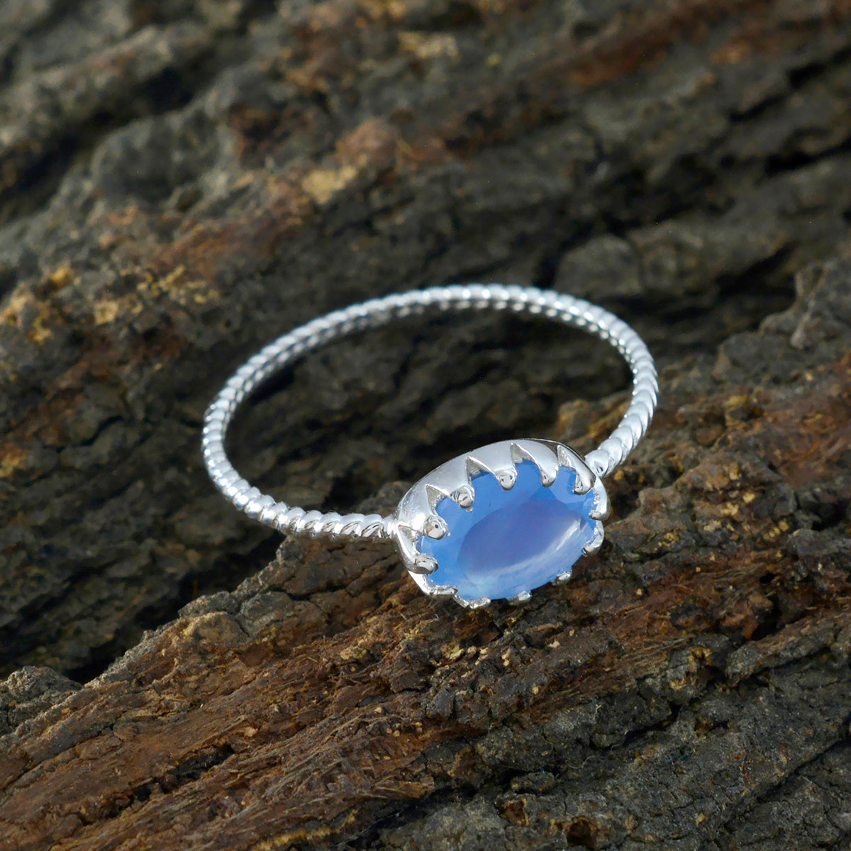 Blue Chalcedony Solitaire Turkish Sterling Silver Blue Gemstone Elegant  Twist Ring Jewellery