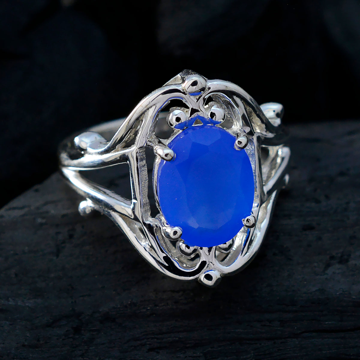 Blue Chalcedony Solitaire Indian 925 Silver Blue Gemstones Tiny Boho Ring Jewelry