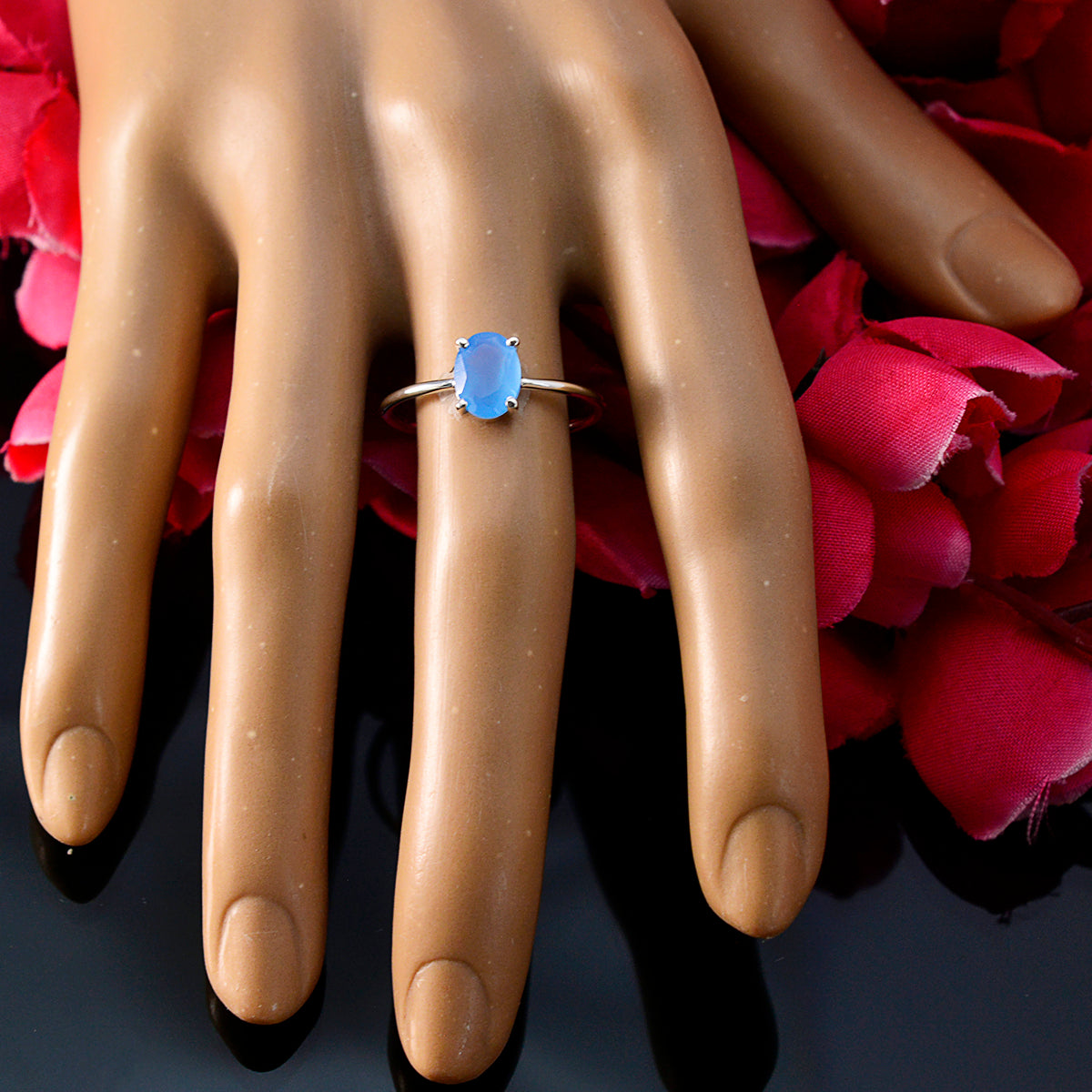 Blue Chalcedony Solitaire Korean 92.5 Silver Blue Gemstones Elegant  Feminine Ring Jewelry