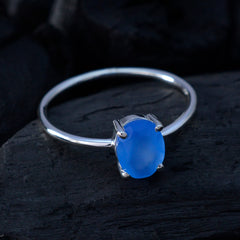 Blue Chalcedony Solitaire Korean 92.5 Silver Blue Gemstones Elegant  Feminine Ring Jewelry