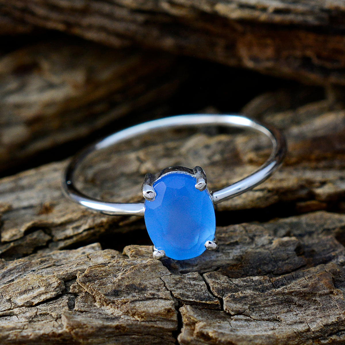 Blue Chalcedony Solitaire Korean 92.5 Silver Blue Gemstones Elegant  Feminine Ring Jewelry