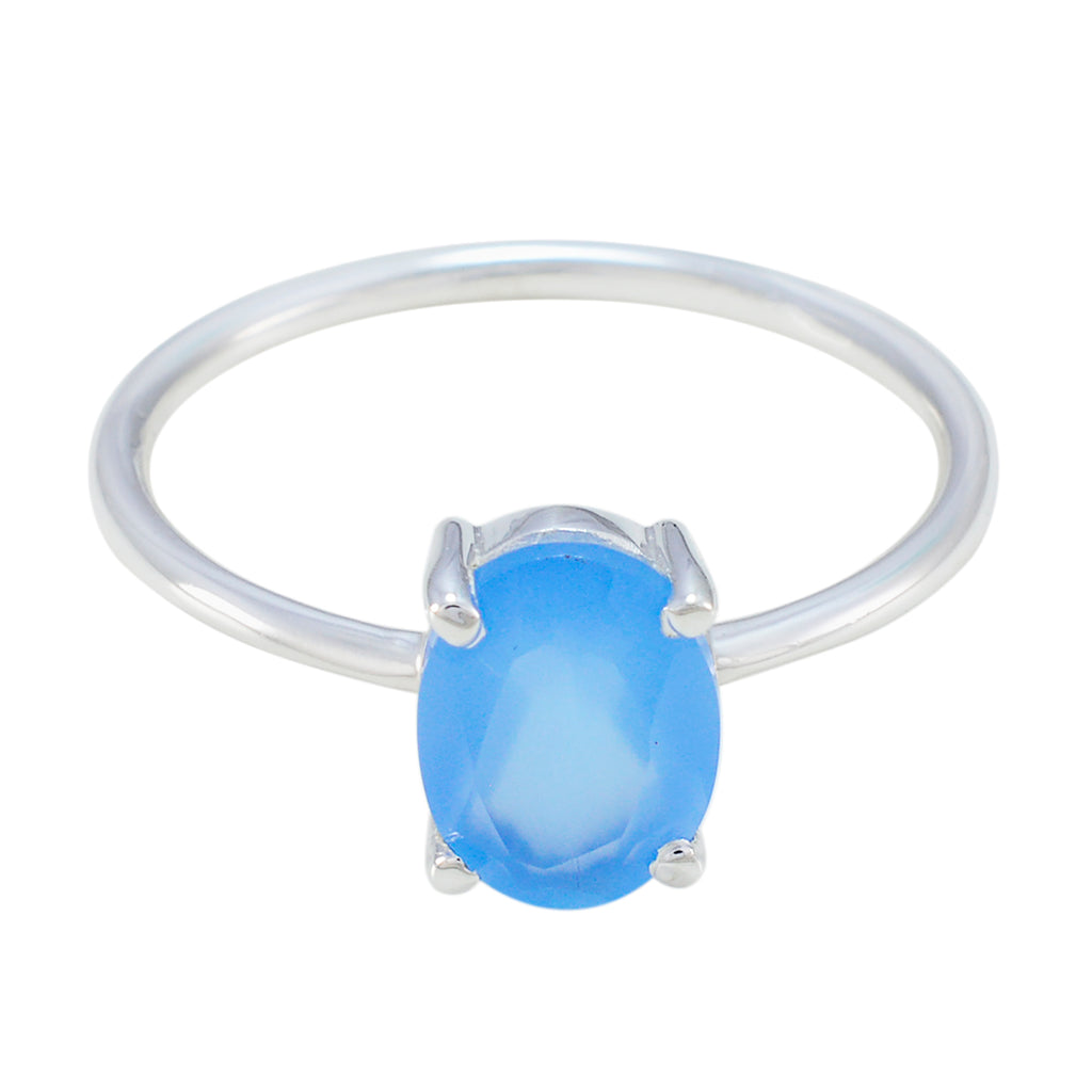 Blue Chalcedony Solitaire Korean 92.5 Silver Blue Gemstones Elegant  Feminine Ring Jewelry