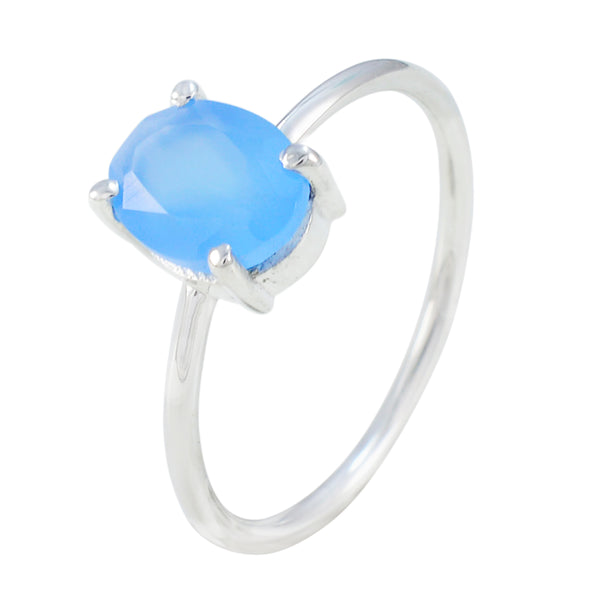 Blue Chalcedony Solitaire Korean 92.5 Silver Blue Gemstones Elegant  Feminine Ring Jewelry