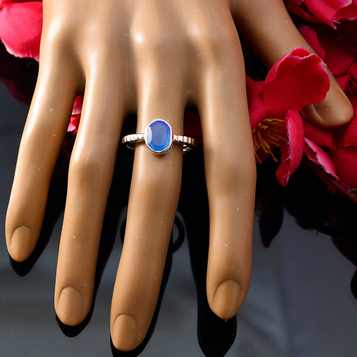 Blue Chalcedony Solitaire Russian 925 Silver Blue Gems Featherlight Artisan Ring Jewelry